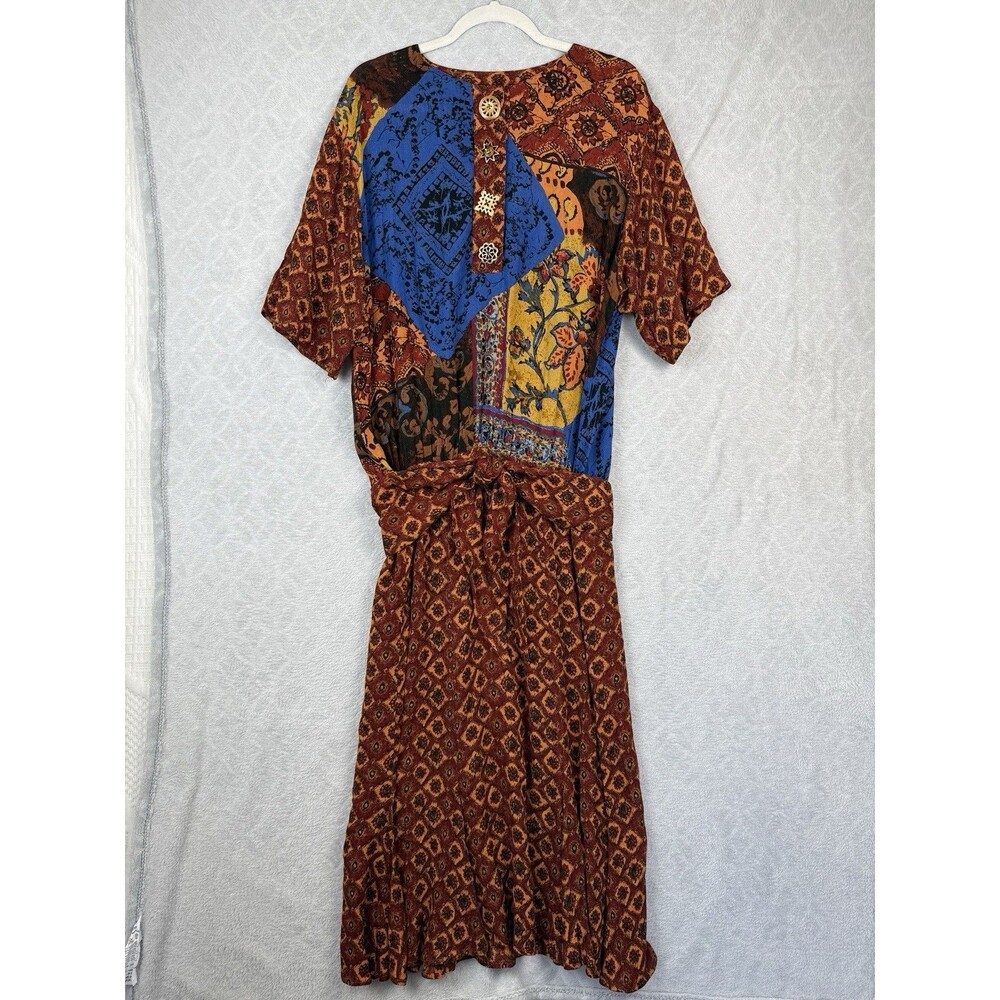 Vtg Carole Little Maxi Dress 8 Mix Print Tie Front Boho Artsy Grandma Funky 90s